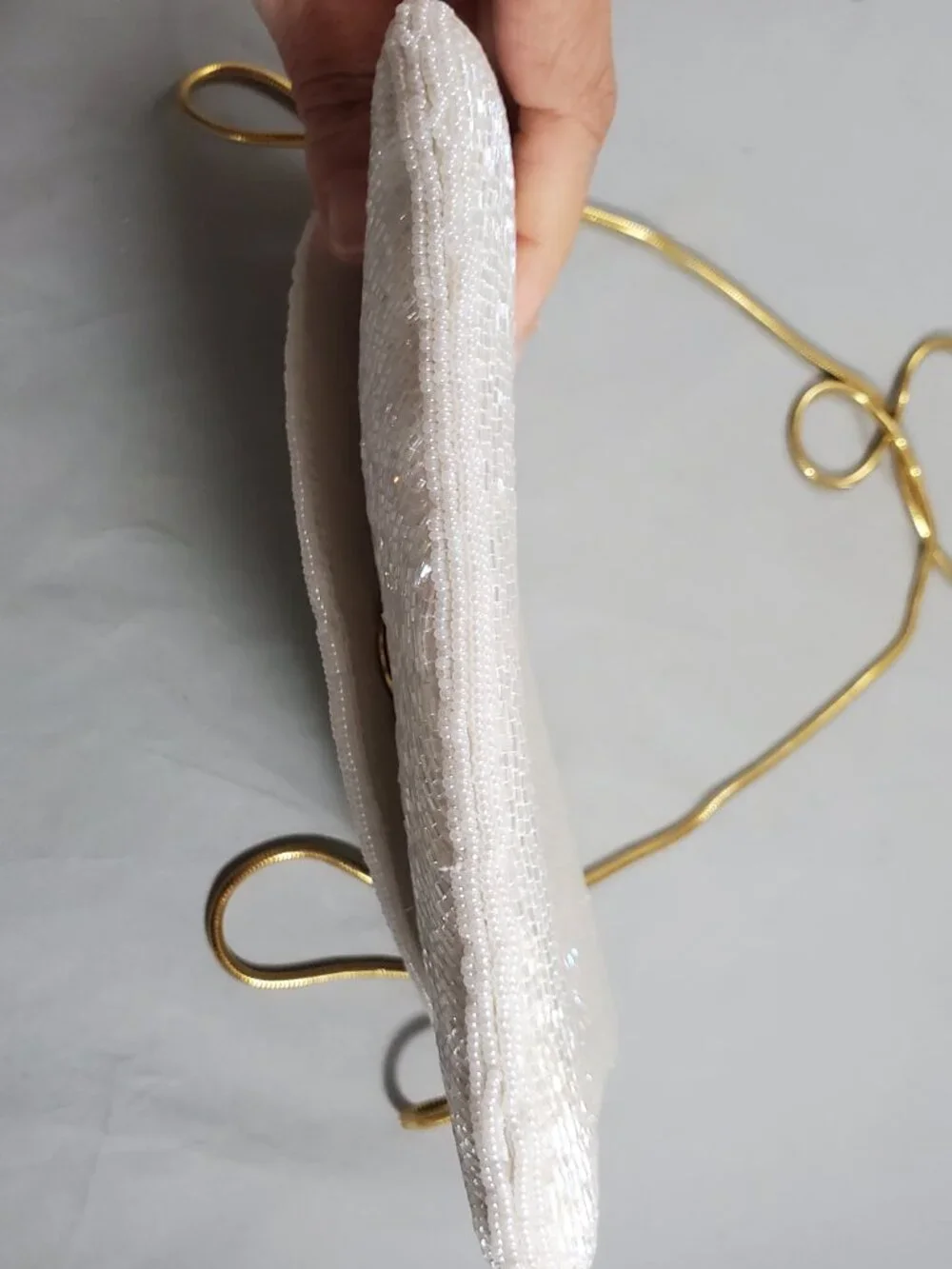 Vintage White Beaded Evening Bag Clutch Snake Chain Strap Rainbow Shimmer Beads